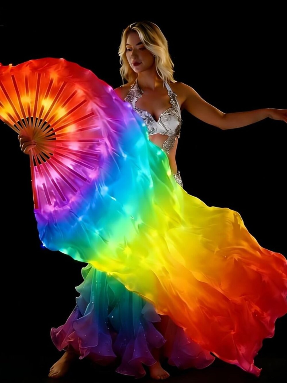 Women's Colorful One Piece Led Real Silk Belly Dance Polyester Fan Veil